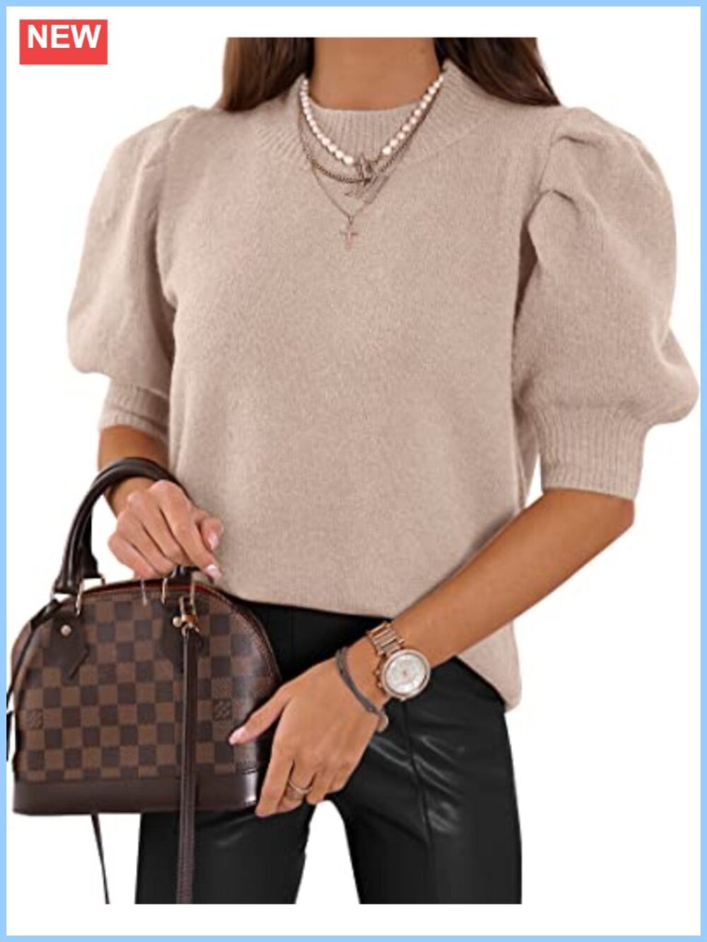 Puff Short Sleeve Knit Sweater Top Women Crew Neck Casual Lightweight Pullover
